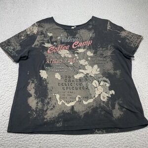 Anderson's Coffee Camp Shirt‎ Womens 1X Black Floral Graphic Plus Tee Casual